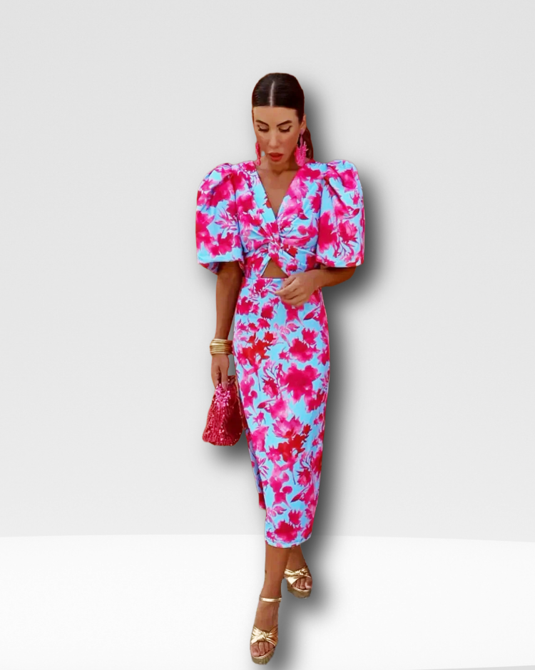 TAYLOR - PUFF SLEEVE KNOT MIDI DRESS
